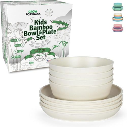 Grow Forward Bamboo Kids Plates and Bowls Sets - 8-Piece Dishwasher Safe Non Toxic Plates for Kids - Reusable Eco Friendly BPA Free Dishes Dinnerware Sets for Children - Arctic