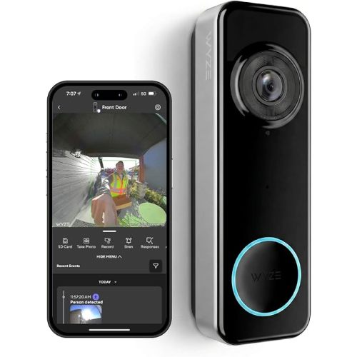 Wyze Battery Video Doorbell Wireless Camera, 1536x1536 HD+ with Color Night Vision, 2-Way Audio, 1:1 Head-to-Toe View, Person/Vehicle/Package Monitor, Wire-Free/Wired Option, 1 Minute Easy Setup