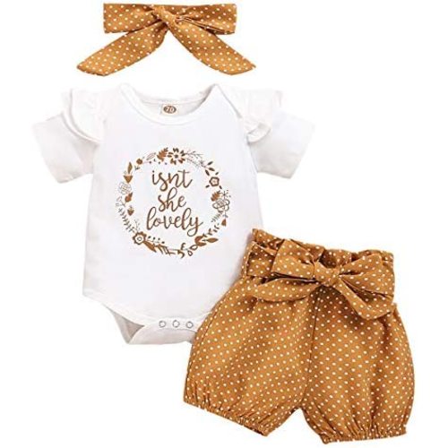 ODASDO Newborn Baby Girl Coming Home Outfit Ruffle Romper Shorts Bowknot Headband 3pcs Summer Casual Clothes Set 0-18M