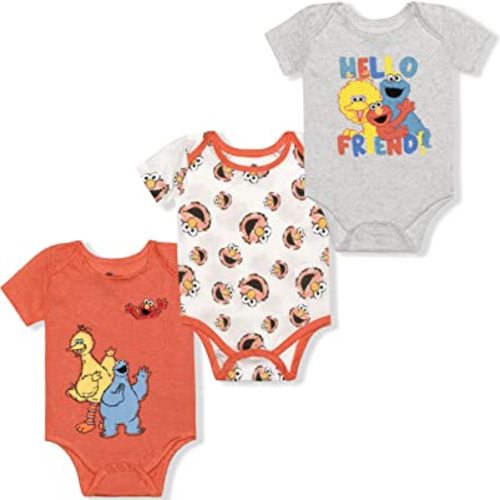 Sesame Street Boys 3-Pack Short Sleeve Bodysuit Creepers, Coral