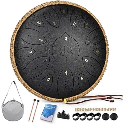 Steel Tongue Drum 13 Inches 15 Notes, Hand Pan Drums for Adults 440hz, C Major Handpan Musical Instrument with Song Book, Mallets and Carry Bag, Black