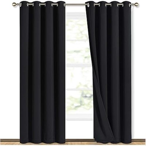 NICETOWN High-End Thermal Curtains, Full Blackout Curtains 84 inches Long for Dining Room, Soundproof Window Treatment Drapes for Hall Room, Black, 52 inches Wide Per Panel, Set of 2 Panels