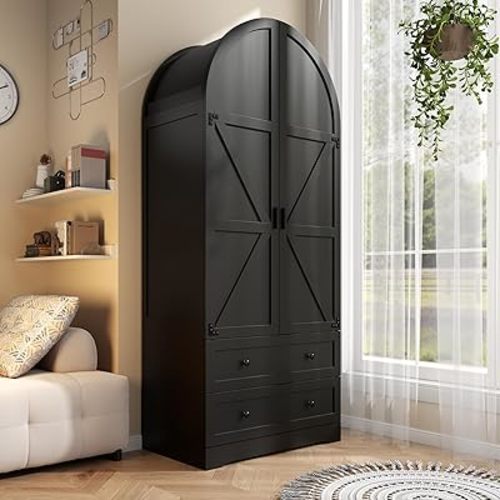 Gyfimoie Black Armoire Wardrobe Closet with 2 Drawers, 74.8" Wooden Wardrobe with 2 Doors, Freestanding Closet Armoire Cabinet with Hanging Rack, Clothing Storage Cabinet for Bedroom (Black)