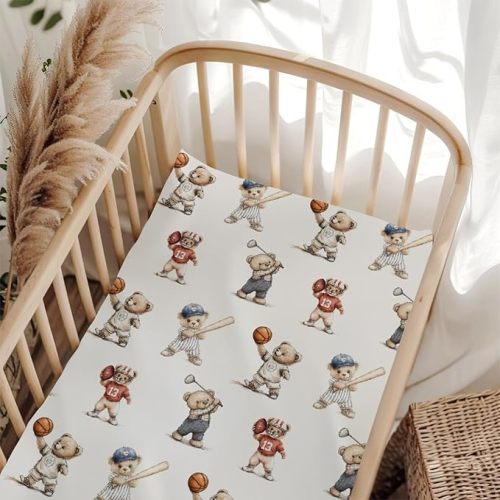 Cute Sport Bears Golf Baseball Basketball Fitted Baby Crib Sheet for Boys Girls 28x52 Inch Sports Lover Gift Baby Sheet for Standard Crib and Toddler Mattress Nursery Bed Sheets