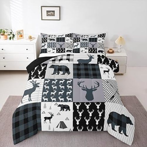 Rustic Deer Bear Comforter Set Toddler, Camping Hunting Comforter Set for Kids Western Farmhouse Comforter Bear Antler Silhouette Duvet Set Breathable Quilt Set 2Pcs