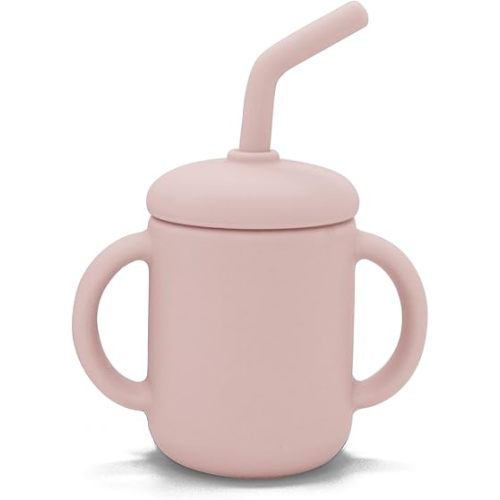 SILISIPPY by Kushies Unbreakable, Spill-Proof Silicone Cup with Straw for Babies/Toddlers - 120ML (4 OZ) 100% Food Grade Silicone Sippy Cup with Double Handles & Angled Straw - Pink