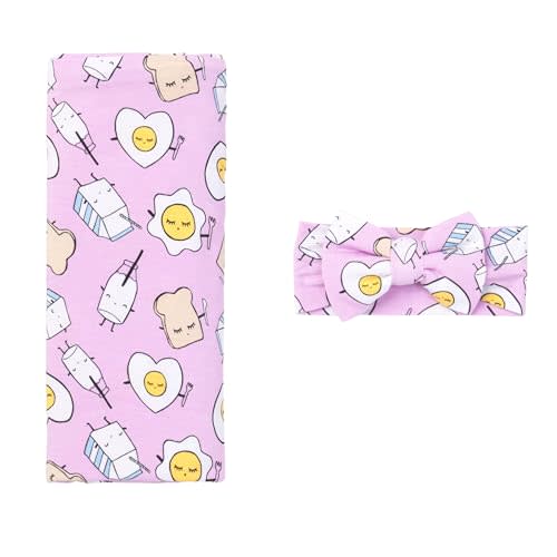 Little Sleepies Swaddle & Headband Set, Pink Breakfast Buddies | 44x44 baby swaddle, hypoallergenic, soft, eczema & sensory friendly, family matching, tagless, headband fits Newborn-3Y