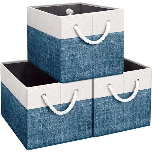 Fab totes Storage Bins [3-Pack], Foldable Storage Baskets for Organizing Toys, Books, Shelves, Closet, Large Storage Box with Rope Handles, Sturdy Organizer Bins, White & Blue