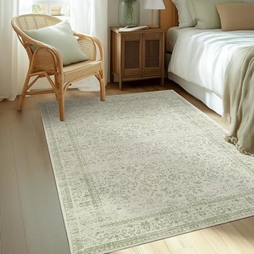 Sage Green Rug for Dorm Washable Non Slip Low Pile Floral Vintage Rugs 4x6