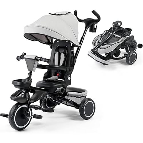 Kinder King Kids Tricycle, 8 in 1 Folding Toddler Trike w/Adjustable Push Handle, Rotatable Seat, Adjustable Canopy, Bell, Five-Point Harness, Storage, Toddler Stroller Bike for Age 6 Months+, Cloud