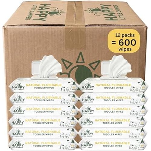 Happy Little Camper Natural Flushable Wipes - Hypoallergenic Wet Wipes with Aloe Vera, Chamomile and Pomegranate Extract - Unscented Baby Wipes Safe for Sensitive Skin - 600 Count