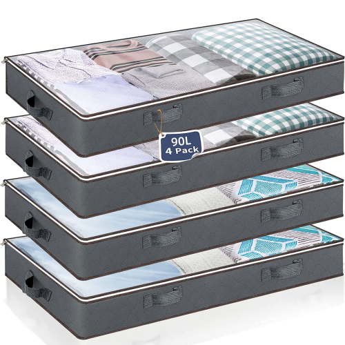 4 Pack 90L Under Bed Storage Bags with Reinforced Handles, Visible Underbed Storage, Toy Organizers and Wrapping Paper Storage Bags, Breathable Non-woven Closet Storage for Blanket, Comforter, Bedding