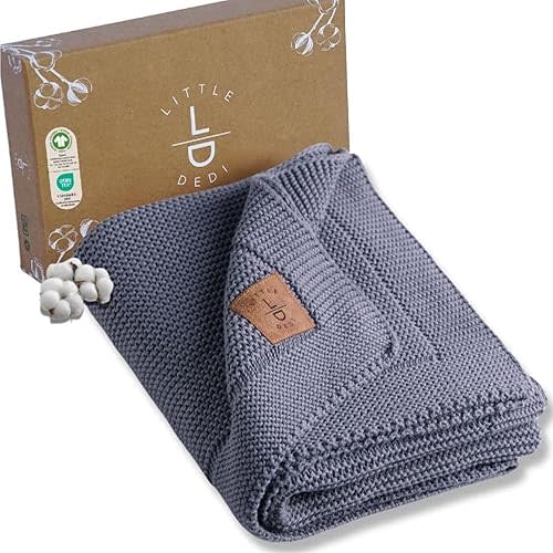 100% Organic Cotton GOTS Certified Baby Knitted Blanket with Gift Box - Soft Toddler, Crib, Stroller Blanket - Neutral Swaddle and Receiving Blanket for Newborns, 30"x40", Grey Blue