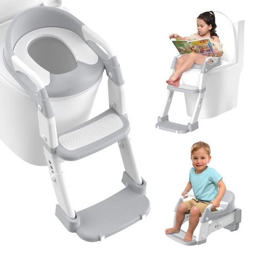 Potty Training Seat, Toddler Potty Training Toilet with Step Stool Ladder for Kids Boys Girls, 3 in 1 Foldable Toilet Seat Potty Chair with Urinals, Splash Guard, Handles, Anti-Slip Pad,Grey