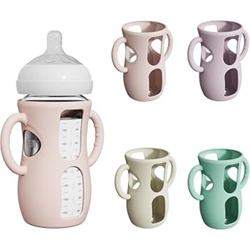 4 Pack Silicone Sleeves for Avent Natural Glass Bottles, Anti Breakage Baby Bottle Protector with Easy-Grip Handle, Compatible Philips Avent Glass Natural Bottle 8 oz, Not for Infant Use
