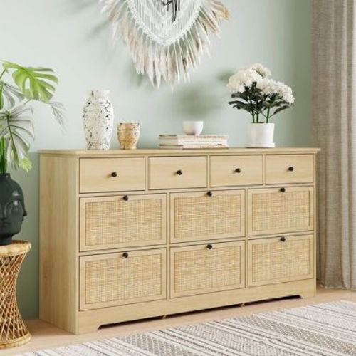 Brafabhome Natural Rattan 10 Deep Drawers Dresser for Bedroom, Modern Light Wood Wicker Chest Double Dresser with Smooth Metal Slides | Beige