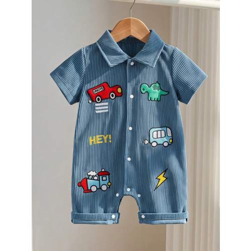SHEIN Playful Pals Baby Boy Summer Cartoon Car Dinosaur Short Sleeve Romper Bodysuit