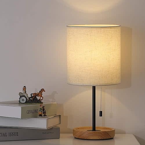 CADUKE Modern Table Lamp, Nightstand Desk Lamp, Bedside Lamp with Wood Base and Linen Shade for Living Room, Bedroom, Office, College Dorm