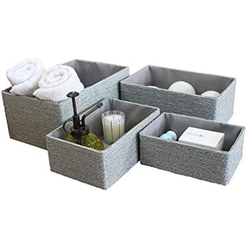 Storage Baskets Set 4 - Stackable Woven Basket Paper Rope Bin, Storage Boxes for Makeup Closet Bathroom Bedroom (Gray)