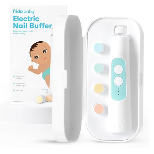 Frida Baby Electric Nail Buffer | Safe + Easy Baby Nail File, Baby Nail Clippers + Nail Trimmer Kit for Newborn, Toddler, Children's Fingernails/Toenails, 4 Buffer Pads, LED Light, Storage Case, White