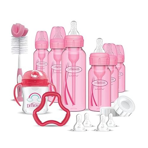 Dr. Brown's Natural Flow Anti-Colic Options+ Special Edition Pink Baby Bottle Feeding Set with Beaded Ring Teether, Sippy Cup, Bottle Brush and Travel Caps, 15 Piece Set
