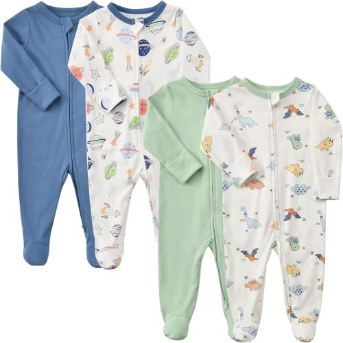 Aablexema Baby Pajamas with Mitten Cuffs Zipper 4-Pack Infant Newborn Cotton Long Sleeve Footie Outfit