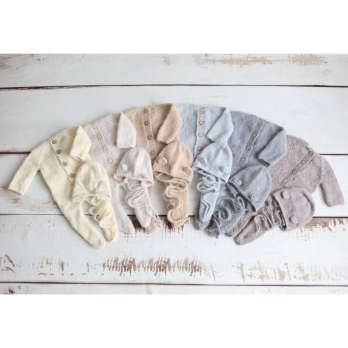 Newborn Alpaca Handmade Knit Footed Romper and Bear bonnet sets Photoshoot Prop