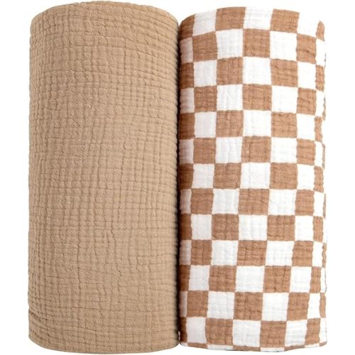lulumoon Muslin Swaddle Blankets for Baby: Soft Cotton Newborn Receiving Blankets - Plaid Print Nursery Gift Set for Baby Girls(Mocha Plaid)