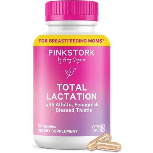 Pink Stork Total Lactation Supplement for Breast Milk Supply, Organic Fenugreek and Alfalfa to Support Breastfeeding, Milk Flow, and Production, Postpartum Essentials - 60 Capsules