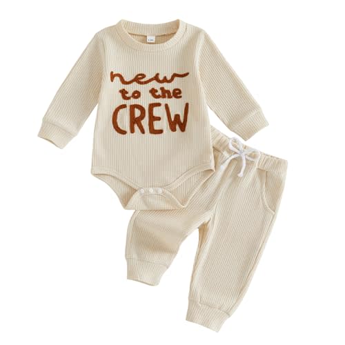 allshope Newborn Baby Boy Fall Outfit Romper Long Sleeve Letter Embroidery Jumpsuit Bodysuit Pants Infant Waffle Clothes Set