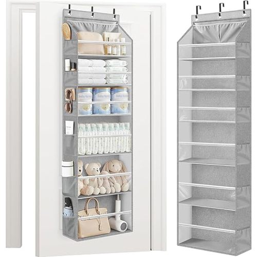 STORAGE MANIAC Over the Door Organizer 6-Shelf Closet Hanging Storage with 14 Mesh Pockets, 66lbs Capacity Clear Deep Pockets Behind Door Storage for Nursery, Bathroom, Bedroom, 1 Pack Grey