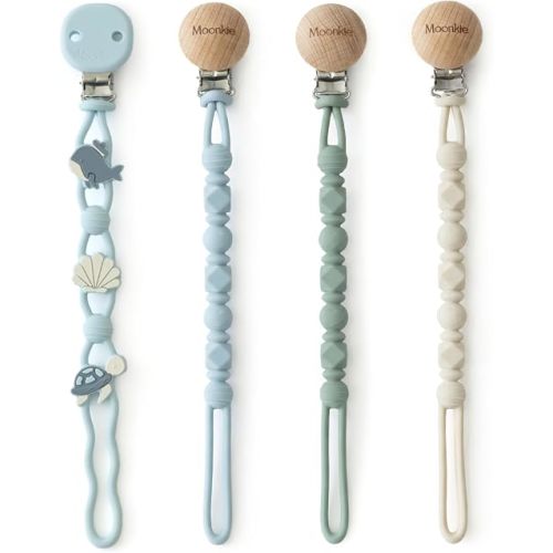 Moonkie Silicone Pacifier Clips for Baby – Durable One-Piece Binky Holder, Mixed Styles Paci Clips, Baby Essentials for Newborn Boys & Girls - 4 Pack (Sea Whispers)
