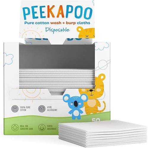 Peekapoo - Disposable Cotton Wash Cloths (50 Pack), Biodegradable, Soft, Thick, Baby Burp Cloths, Unscented, Hypoallergenic Burping Cloth, Sensitive Skin