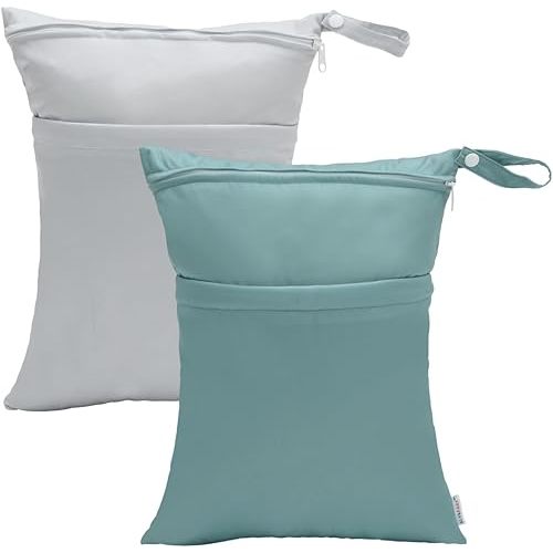 ALVABABY Wet Dry Bags with Two Zippered Pockets 2pcs Travel Beach Pool Daycare Soiled Baby Reusable Waterproof Yoga Gym Bag for Cloth Diaper Swimsuits Wet Clothes Sets 2LM18-CA