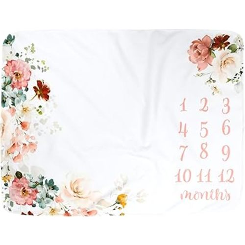 Baby Monthly Milestone Blanket for Baby Girl - Floral Watercolor Design, 1-12 Months Photo Background Prop, Soft Fleece Newborn Blanket for Monthly Growth Record, Ideal