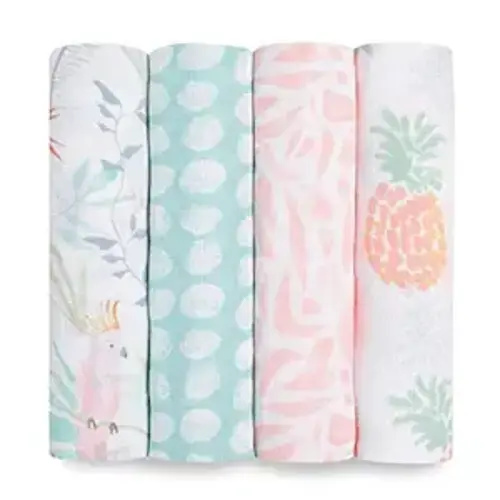 aden + anais Essentials Swaddle Blanket, Boutique Muslin Blankets for Girls & Boys, Baby Receiving Swaddles, Ideal Newborn & Infant Swaddling Set, Perfect Shower Gifts, 4 Pack, Tropicalia