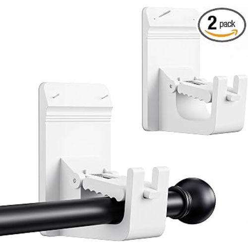 Universal Heavy Duty Curtain Rod Brackets, No Drill Curtain Rod Brackets with Adhesive & Invisible Nail, 30+LB Load Curtain Rod Holders, Damage Free Curtain Rod Hooks for Wall, Bathroom, Kitchen 2PC