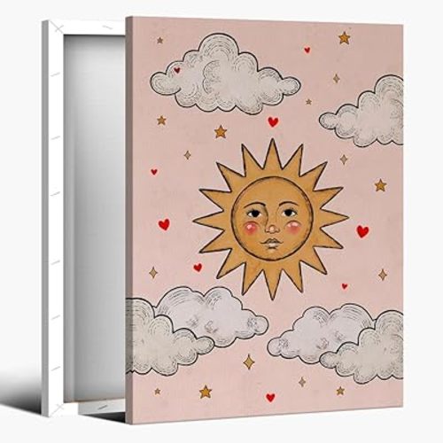 Preppy Pink Celestial Sun Aesthetic Wall Art Coquette Nursery Artwork Decor Trendy Vintage Astrology Canvas Print Poster for Living Room Bedroom Office Gallery Wall Decor Framed8x12inch