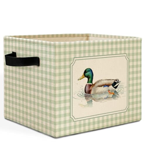 Sage Green Mallard Duck Plaid Storage Bins Box with Handles, Mallard Duck Swimming in Water Laundry Basket Hamper Collapsible Clothes Toys Organizer for Boys Nursery Room Bathroom