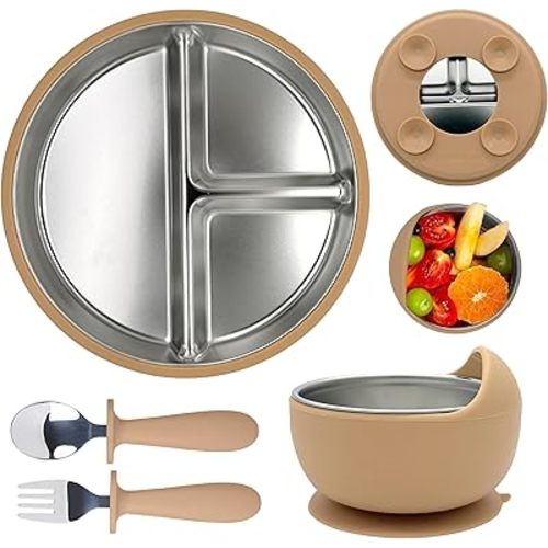 MOMERA Stainless Steel Baby Plate & Bowl Set with Suction | Divided Toddler Feeding Set | Durable, BPA-Free, Easy to Clean | Baby Tableware for Self-Feeding