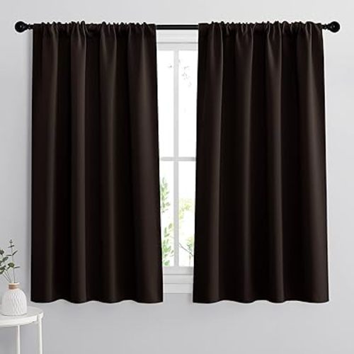 RYB HOME Bedroom Blackout Curtains - Thermal Insulated Noise Reducing Room Darkening Curtains Sunlight Shades Draperies for Nursery Bedroom Bathroom, 42 W x 45 L, Brown, Set of 2