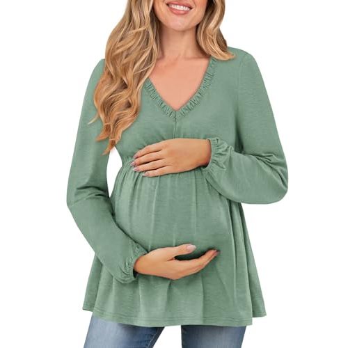 FMEYOA Women's Maternity Tops Long Sleeve V Neck Fall Loose Blouse Ruched Babydoll Pregnancy Shirts S-2XL