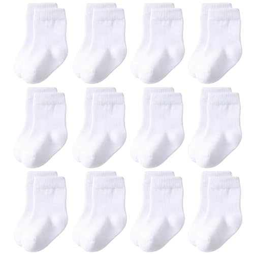 Baby Crew Socks 12-Pack Cotton Newborn Baby Boys Girls Socks 0-3T | Combed Cotton Baby Socks No Polyester, Soft on Skin Fits 0-3, 3-6, 6-12 Months & 1-3T for Newborn, Infant & Toddler