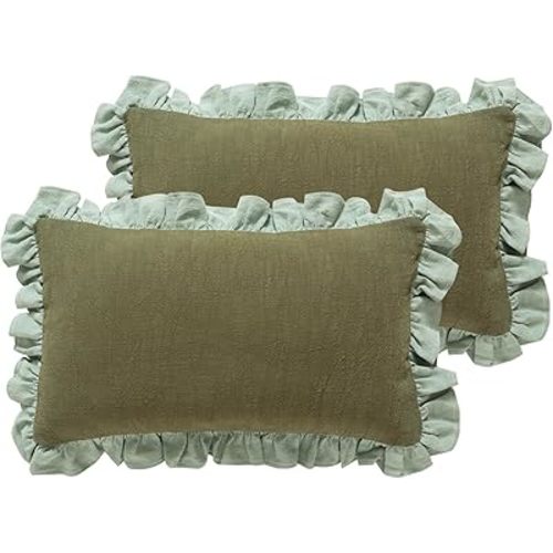 patdrea Vintage Green Linen Throw Pillow Covers,Set of 2,12"x20"-Kubum