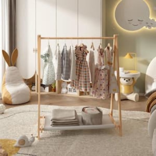 Beige Foldable Kids Clothing Rack Stand for Dress Up, Playroom, Nursery, Portable Hanging Organizer for Toddler/Pets