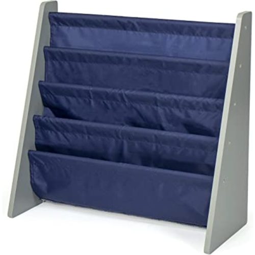 Humble Crew 4-Tier Kids Bookshelf, Grey Wood/Navy - Premium Book Shelf for Kids Rooms with Four Deep Pockets - Toddler Sling Book Rack with Deep Sleeves, Nursery Bookcase Organizer