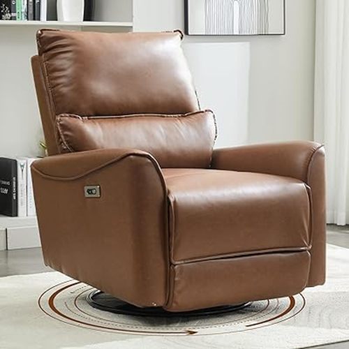Power Swivel Rocking Recliner Chair for Nursery, PU Leather Glider Rocker Recliner for New Parents, Modern Small Recliners for Small Spaces/Living Room/RV, Brown