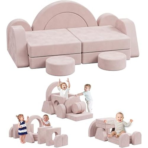 13 PCS Modular Kids Play Block Soft Child Couch Sofa Toddler Building Fortplay Climbing Bedroom Playroom Baby Convertible Floor Foam Cushion for Boys & Girls(Pink-Double)