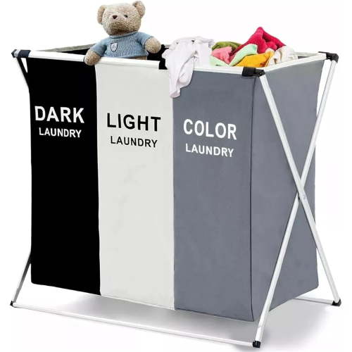 BN-LINK Laundry Basket, 3 Section Portable Laundry Bag for Dirty Clothes, Collapsible Tall Clothes Hamper with Handles for Laundey Room, Living Room