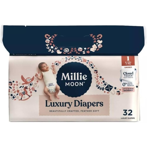 Millie Moon Luxury Diapers, Size 1, 32 Count, Cloud Touch Softness, 12 Hour Absorbency, Unisex